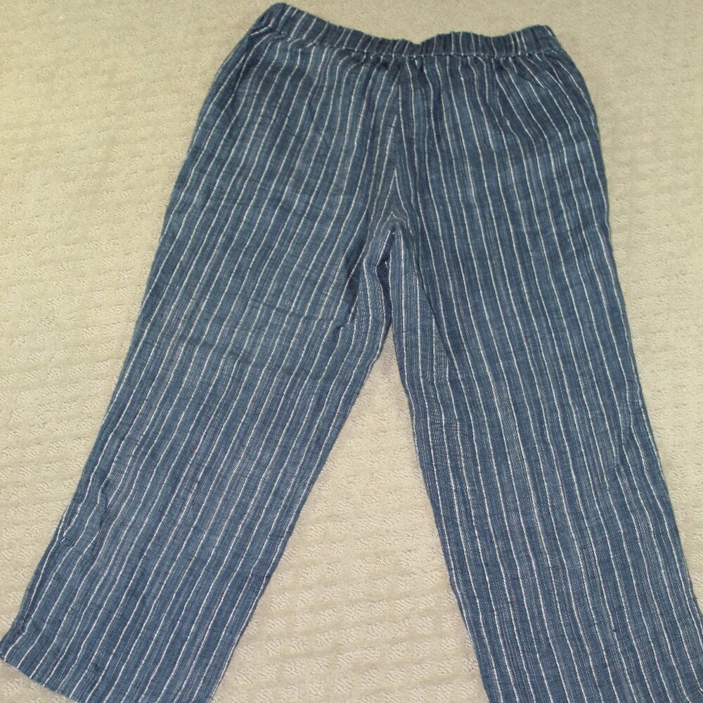 Eileen Fisher Crinkled Organic Linen Sz S Blue and White Striped Chambray Pants - Picture 2 of 6
